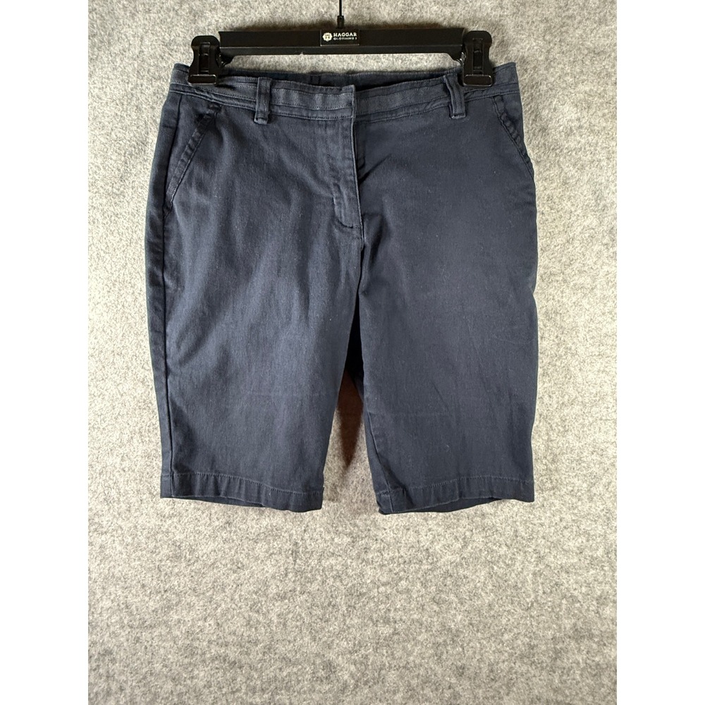 Navy Blue Chino Shorts with Grosgrain Trim Women's Mid Rise Casual Bermuda